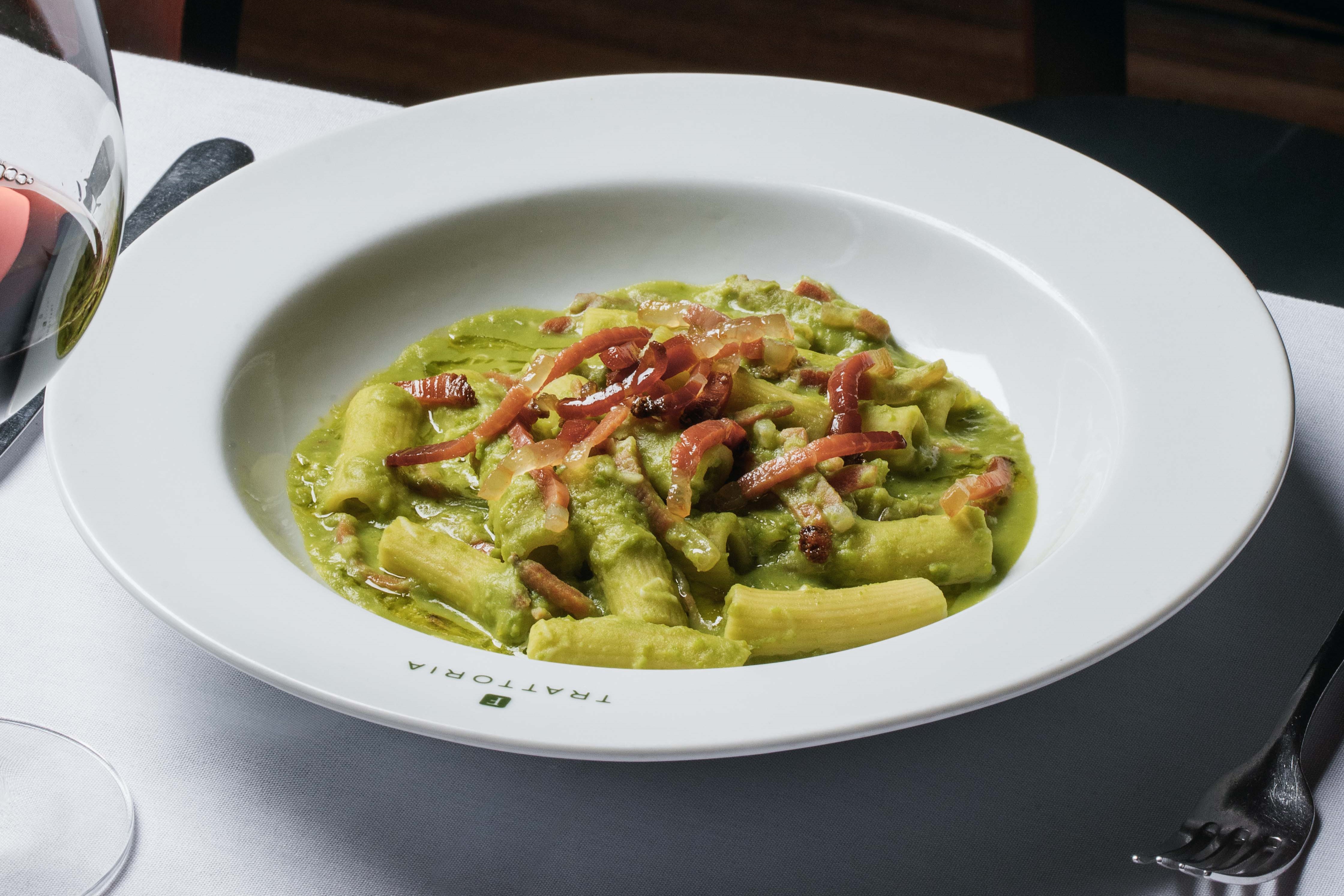 Rigatoni al Piselli, Speck e Pecorino Romano